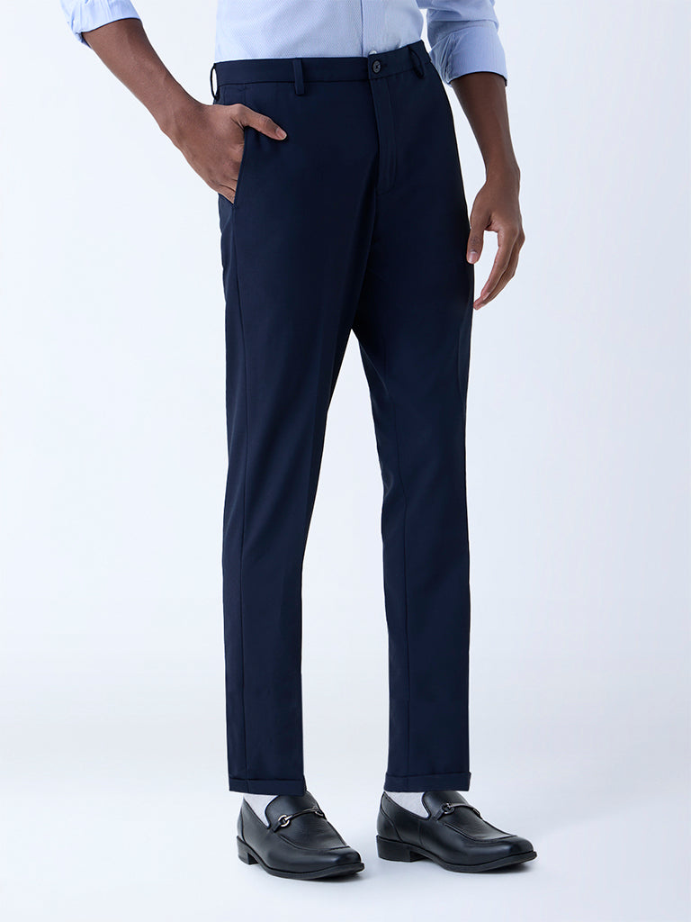 WES Formals Navy Solid Relaxed-Fit Mid-Rise Trousers - Image 2