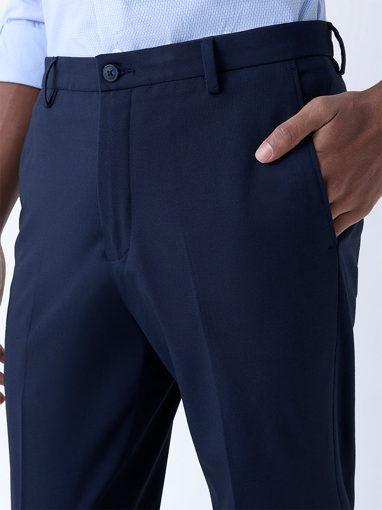 WES Formals Navy Solid Relaxed-Fit Mid-Rise Trousers - Image 3