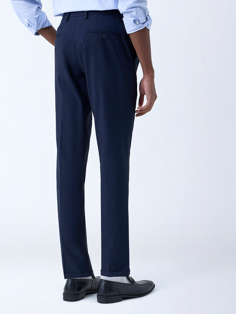 WES Formals Navy Solid Relaxed-Fit Mid-Rise Trousers - Image 4