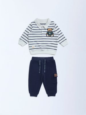 HOP Baby Navy Striped Cotton Sweatshirt and Pants Set
