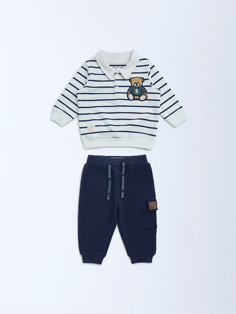 HOP Baby Navy Striped Cotton Sweatshirt and Pants Set