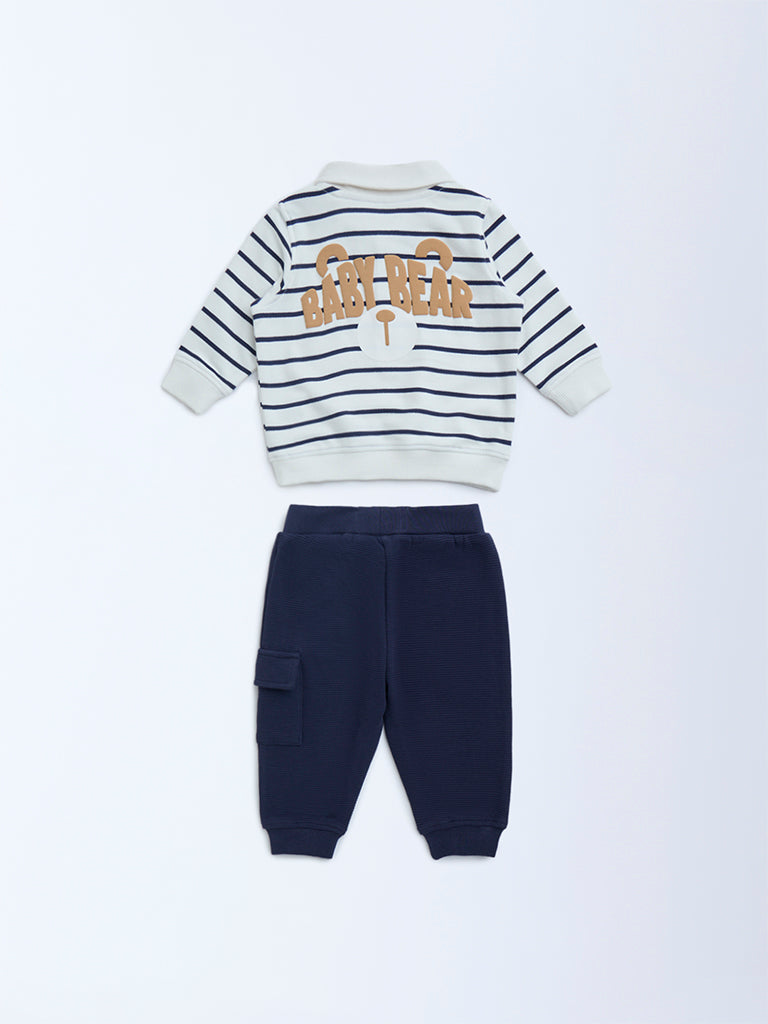 HOP Baby Navy Striped Cotton Sweatshirt and Pants Set - Image 2