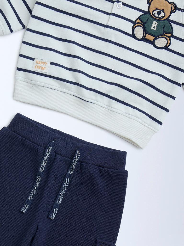 HOP Baby Navy Striped Cotton Sweatshirt and Pants Set - Image 3