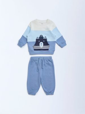 HOP Baby Blue Color-Blocked Cotton Sweatshirt and Pants Set