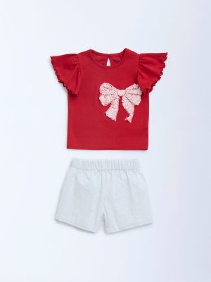 HOP Baby Red Bow-Detailed Cotton Top and Shorts Set