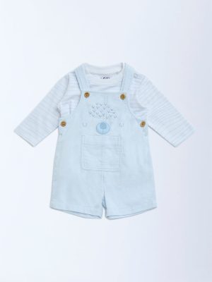 HOP Baby Light Blue Cotton Dungaree with T-Shirt Set