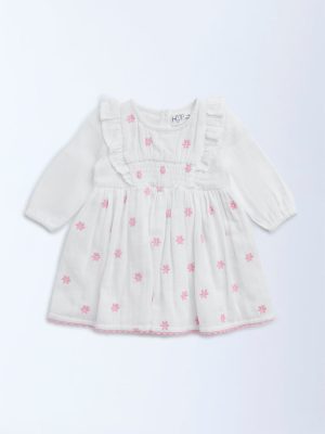 HOP Baby White Floral Embroidered Cotton A-Line Dress