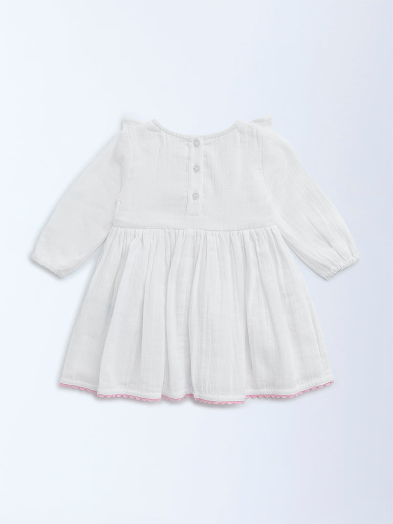 HOP Baby White Floral Embroidered Cotton A-Line Dress - Image 2