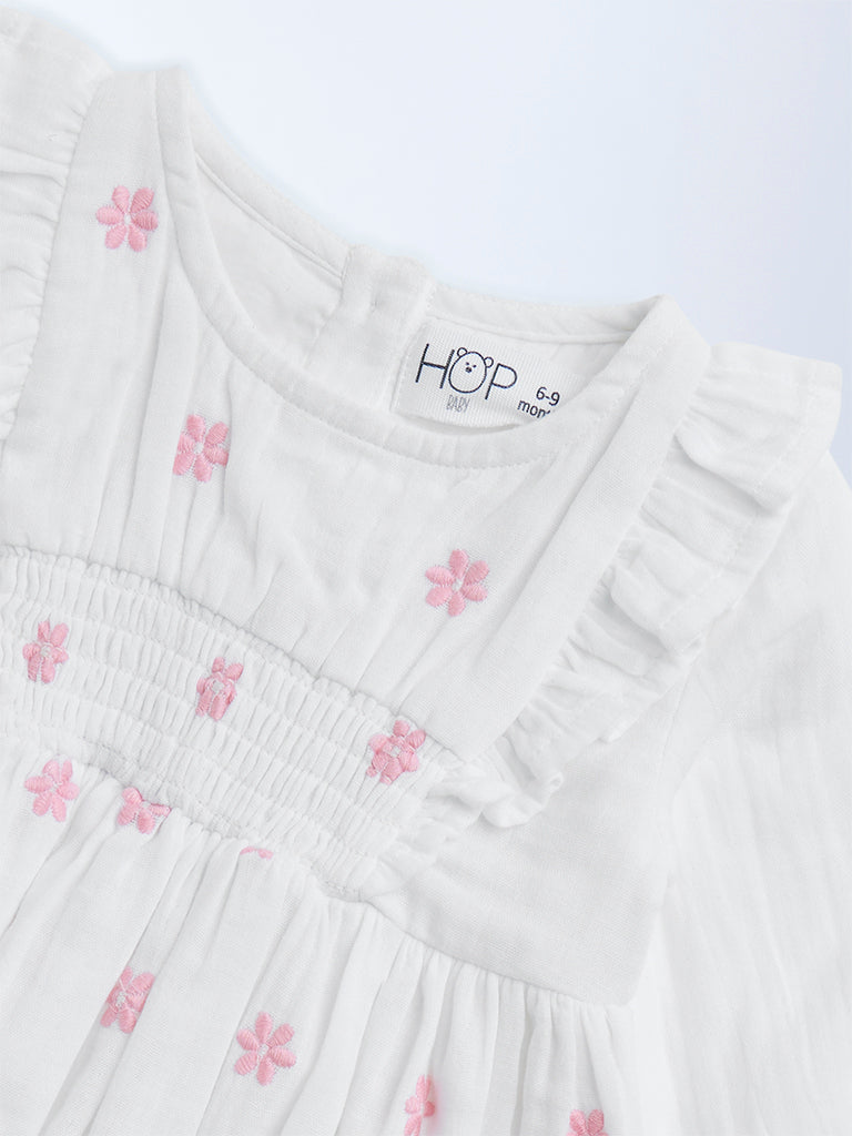 HOP Baby White Floral Embroidered Cotton A-Line Dress - Image 3