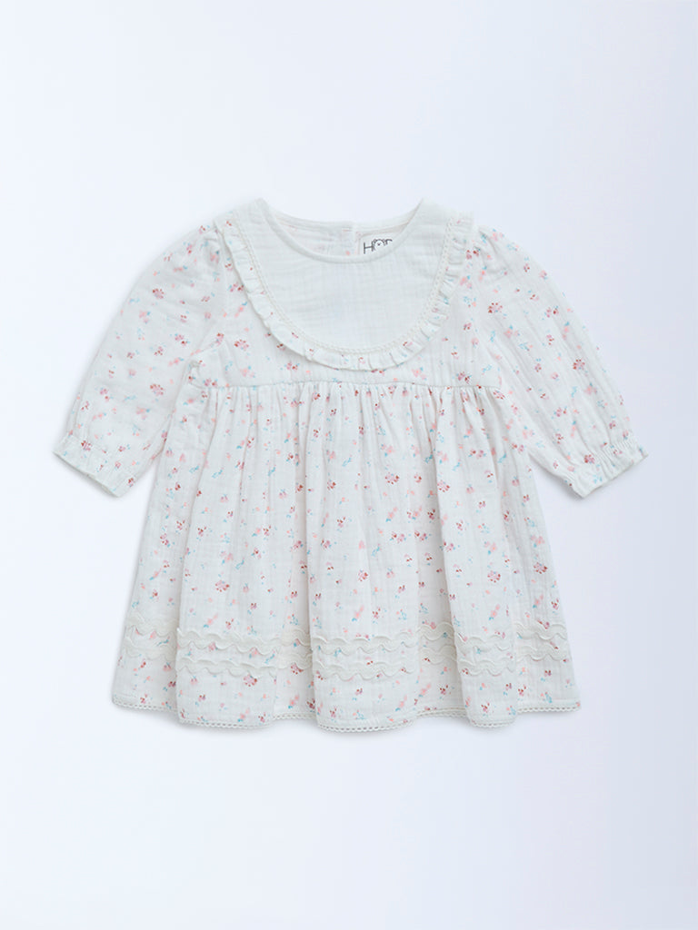 HOP Baby White Floral Printed Cotton A-Line Dress - Image 2