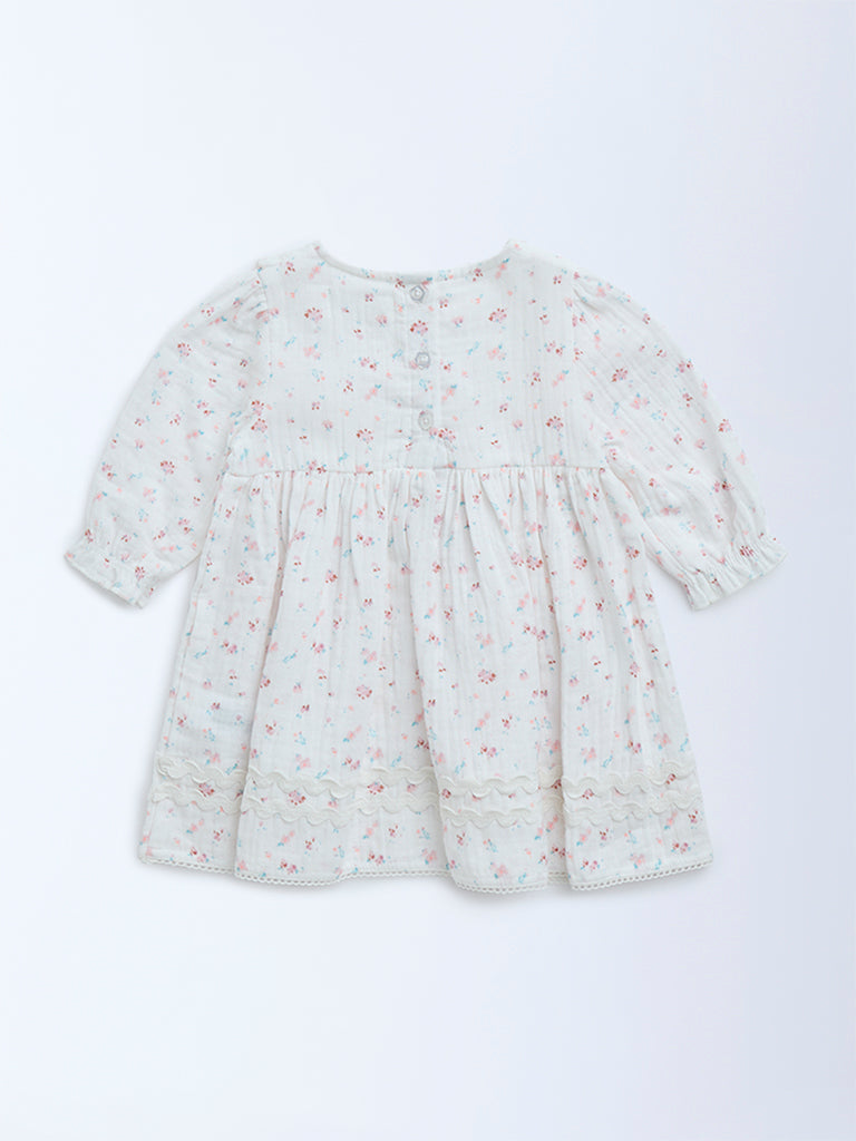 HOP Baby White Floral Printed Cotton A-Line Dress - Image 3