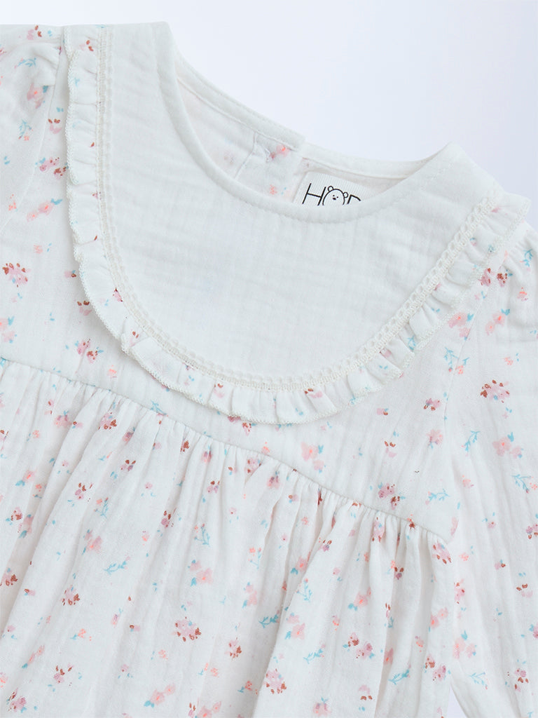 HOP Baby White Floral Printed Cotton A-Line Dress - Image 4