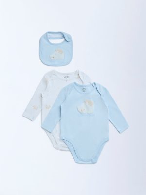 HOP Baby Blue Printed Cotton Rompers with Bib - Pack of 2