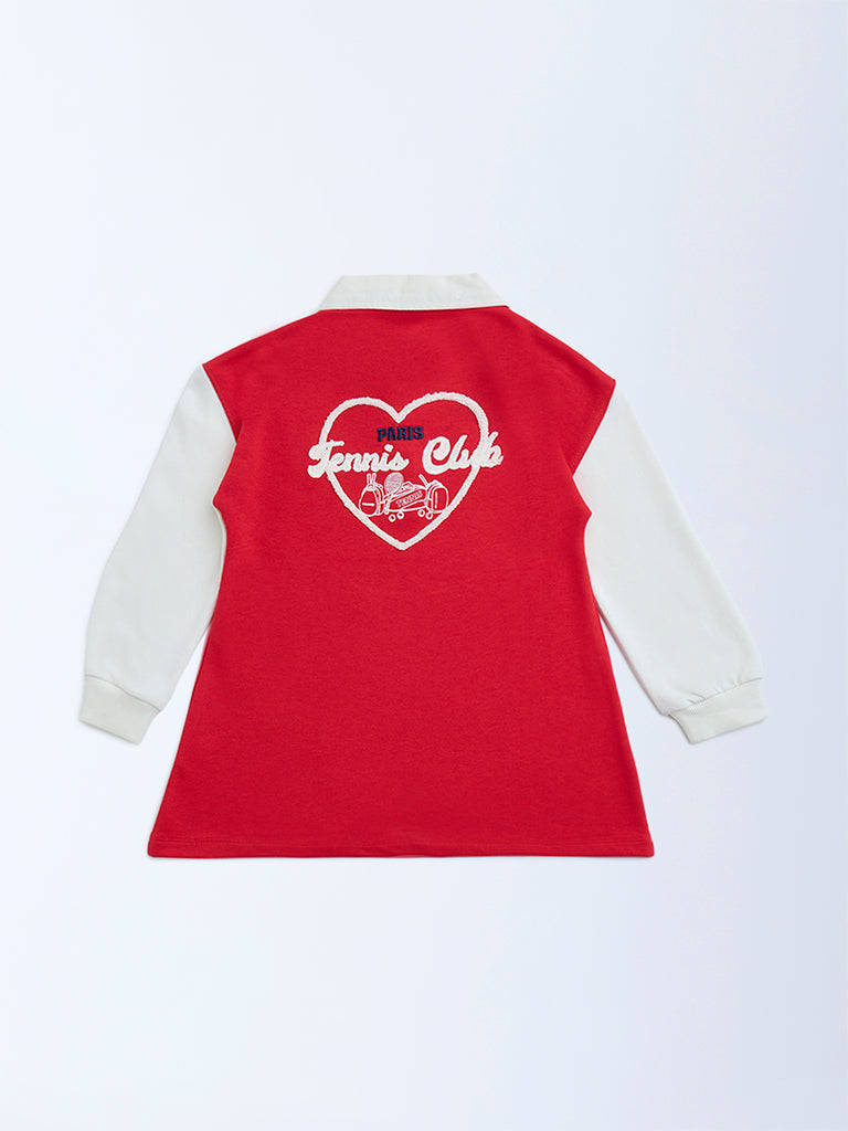 HOP Kids Red Embroidered Cotton-Blend T-Shirt Dress - Image 2