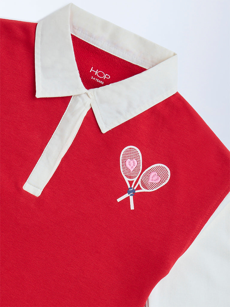 HOP Kids Red Embroidered Cotton-Blend T-Shirt Dress - Image 3