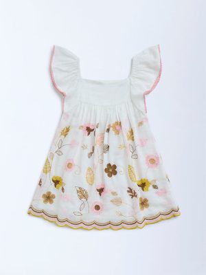 HOP Kids White Floral Embroidered Cotton A-Line Dress