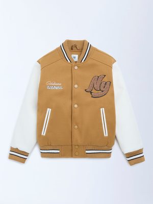 Y&F Kids Tan Text Design Varsity Jacket