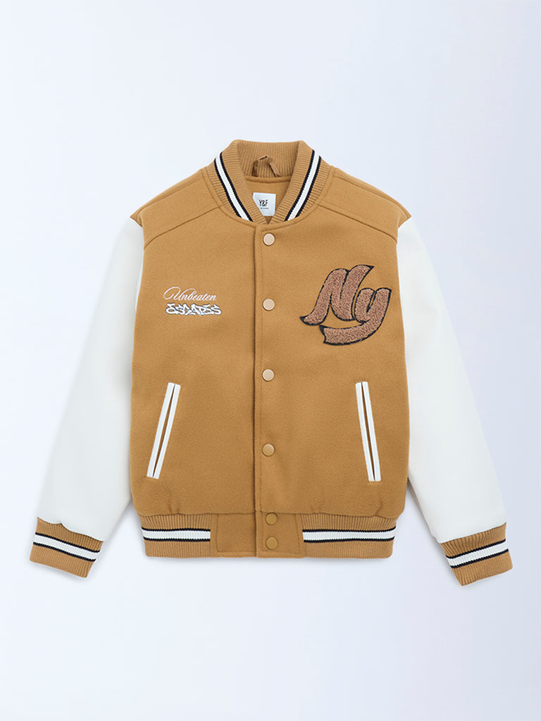 Y&F Kids Tan Text Design Varsity Jacket