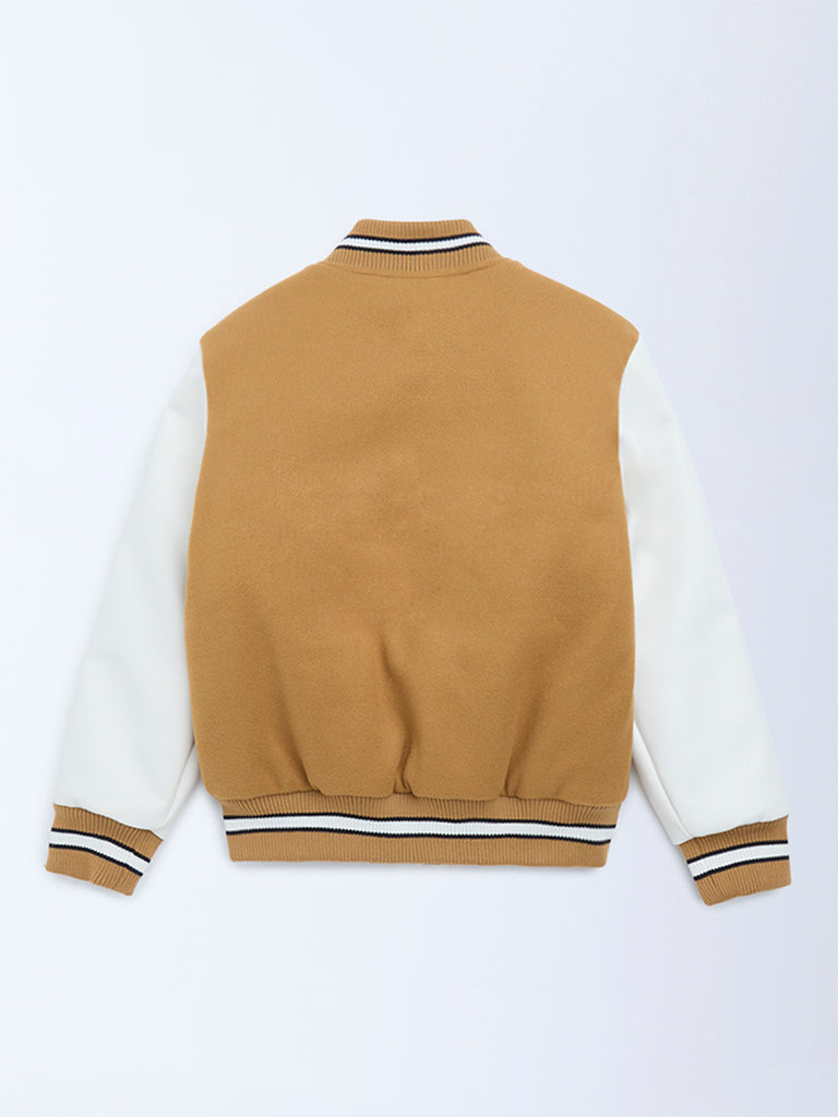 Y&F Kids Tan Text Design Varsity Jacket - Image 2