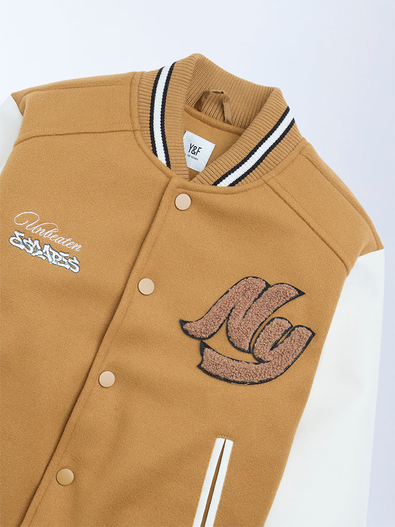 Y&F Kids Tan Text Design Varsity Jacket - Image 3