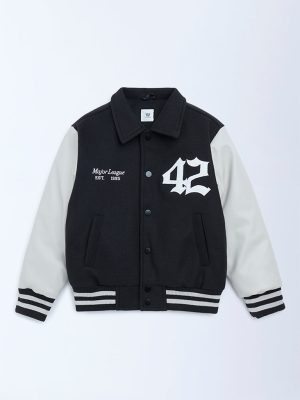 Y&F Kids Black Printed Varsity Jacket