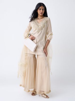 Vark Gold Floral Embroidered Cotton-Blend Ethnic Set