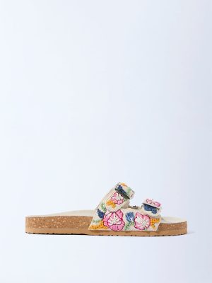 LUNA BLU Off-White Floral Embroidered Slip-On Sandals