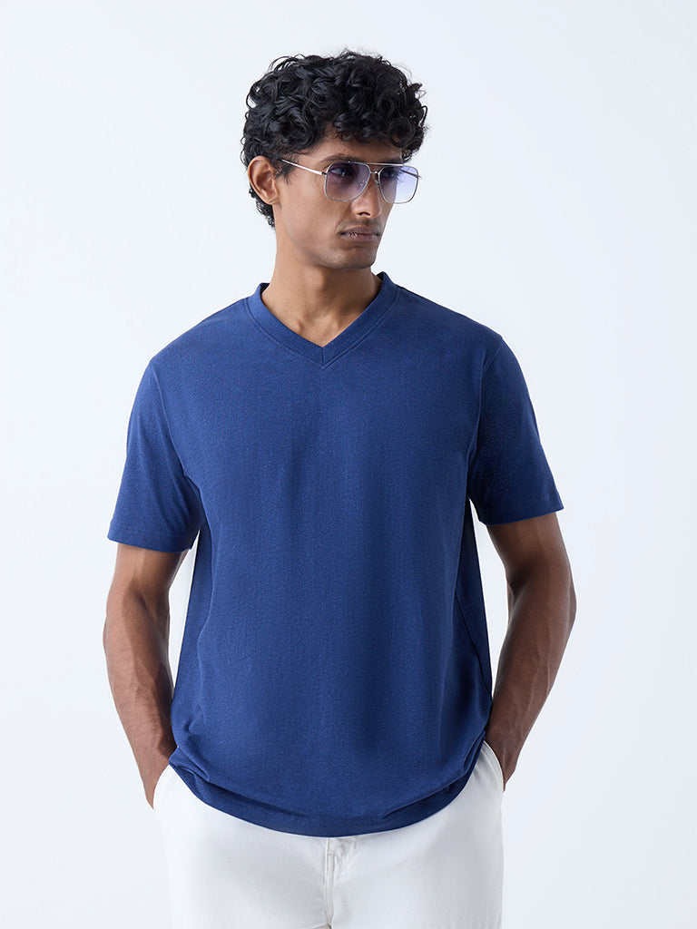 WES Casuals Indigo Solid Slim-Fit Cotton T-Shirt