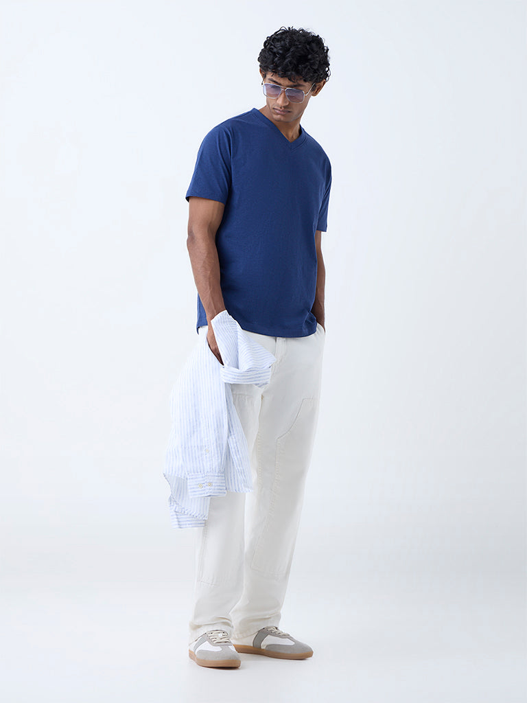 WES Casuals Indigo Solid Slim-Fit Cotton T-Shirt - Image 3