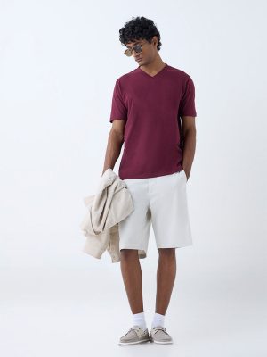 WES Casuals Wine Solid Slim-Fit Cotton T-Shirt