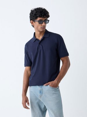 WES Casuals Navy Relaxed-Fit Cotton-Blend Polo T-Shirt