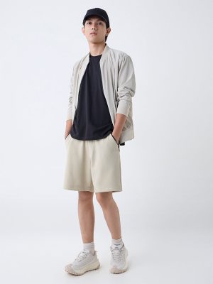 Studiofit Beige Solid Relaxed-Fit Mid-Rise Shorts