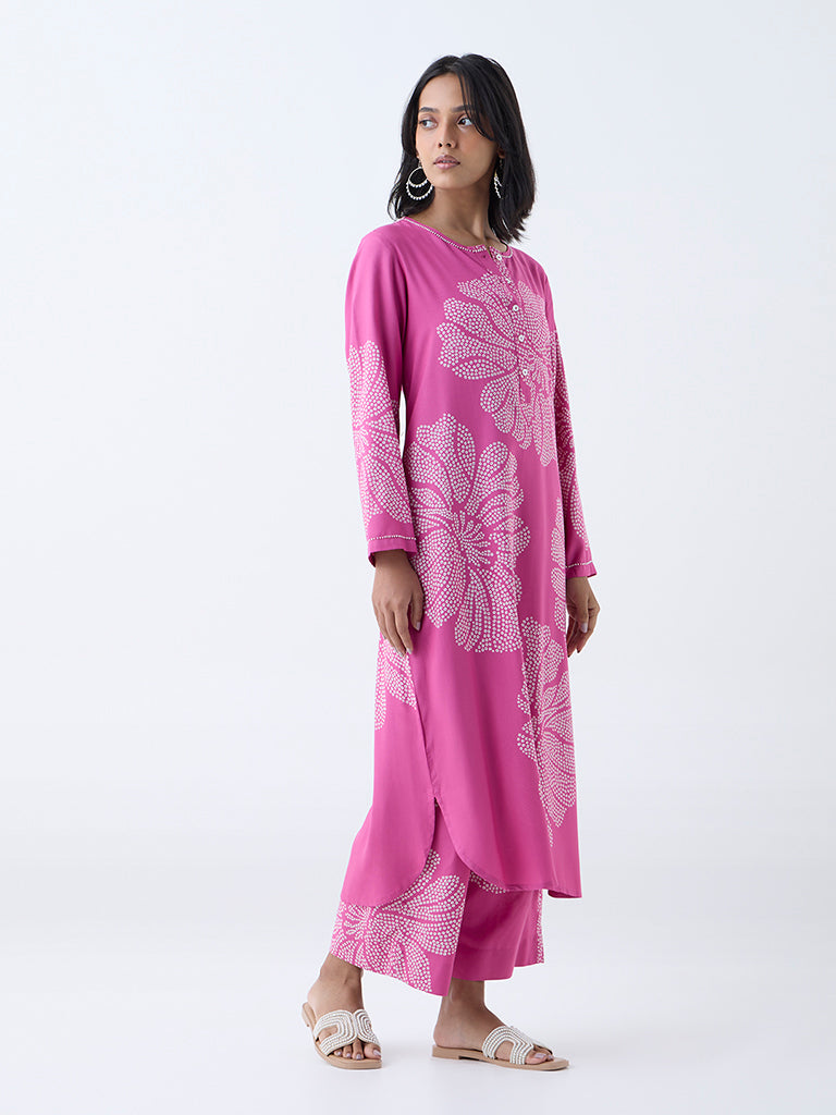 Utsa Pink Bandhani Pattern Straight Kurta