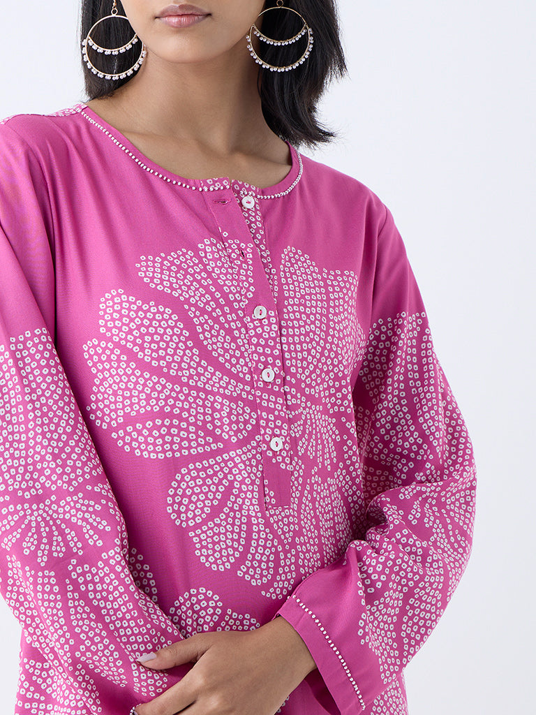 Utsa Pink Bandhani Pattern Straight Kurta - Image 3