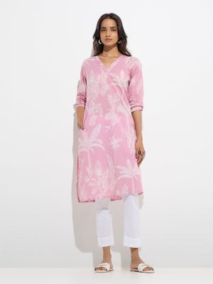 Utsa Pink Tropical Design Cotton Straight Kurta