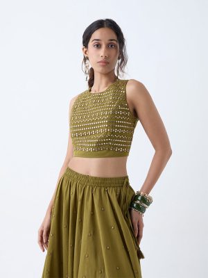 Utsa Olive Mirror Embroidered Cotton Ethnic Top