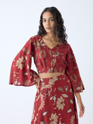 Utsa Maroon Botanical Pattern Ethnic Crop Top