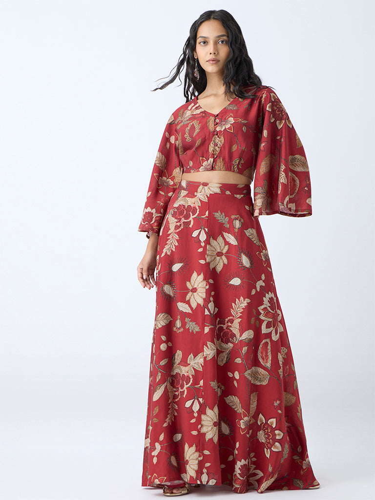 Utsa Maroon Botanical Pattern Ethnic Crop Top - Image 2