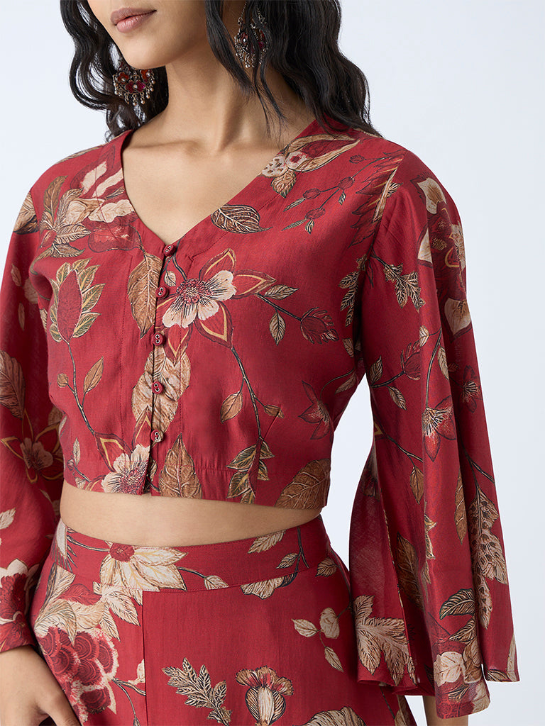Utsa Maroon Botanical Pattern Ethnic Crop Top - Image 3