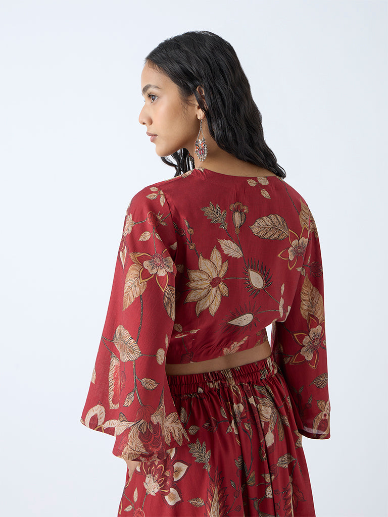 Utsa Maroon Botanical Pattern Ethnic Crop Top - Image 4
