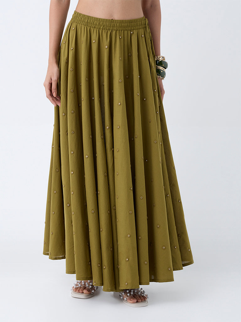 Utsa Olive Mirror Embroidered Cotton Skirt - Image 2