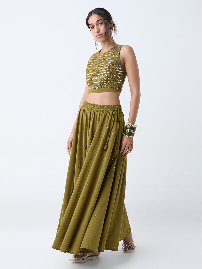 Utsa Olive Mirror Embroidered Cotton Skirt