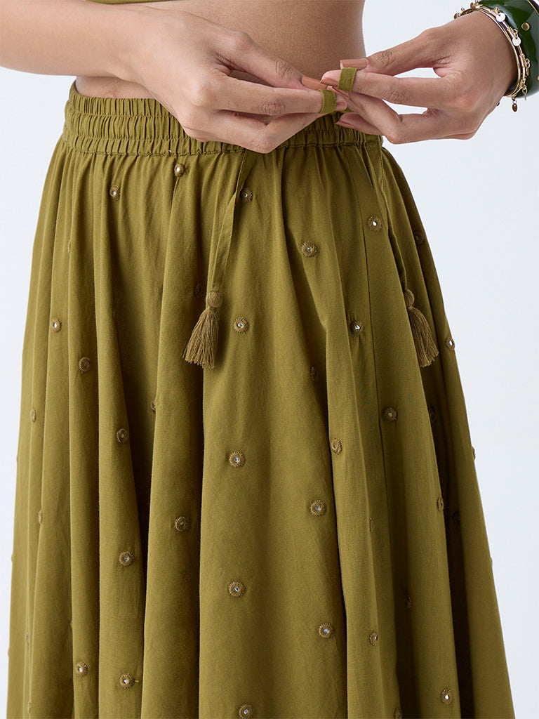 Utsa Olive Mirror Embroidered Cotton Skirt - Image 3