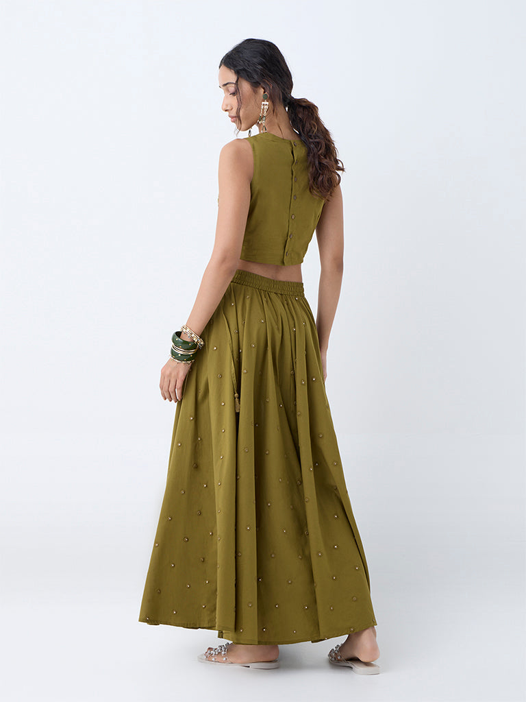 Utsa Olive Mirror Embroidered Cotton Skirt - Image 4