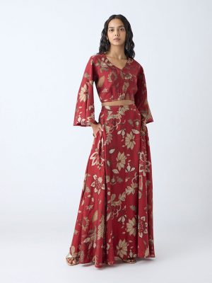 Utsa Maroon Botanical Patterned Maxi Skirt