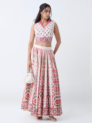 Utsa Pink Botanical Design Cotton Skirt