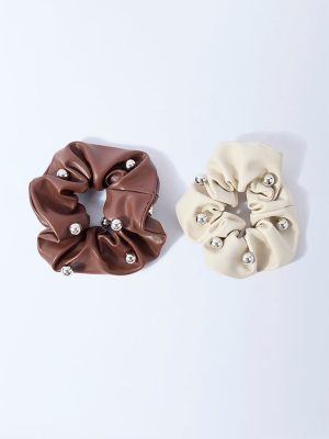 Westside Accessories Beige & Brown Rivet Detailed Scrunchies - Pack of 2