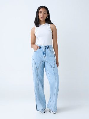 Nuon Blue Stitch-Detailed Relaxed-Fit High-Rise Jeans