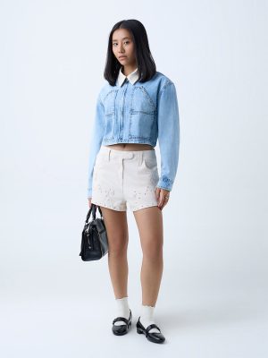 Nuon Off-White Stud Detailed Mid-Rise Denim Shorts