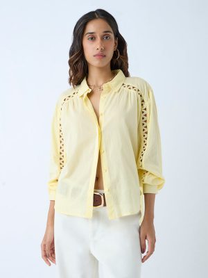 LOV Light Yellow Lace Detailed Cotton Shirt